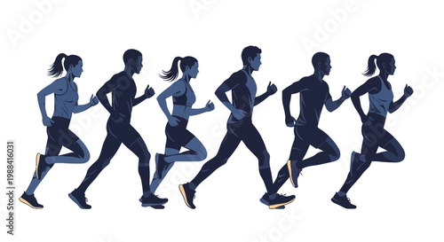 Silhouette Runners Pushing Limits: Vector Illustration of Dynamic Runners Achieving Goals