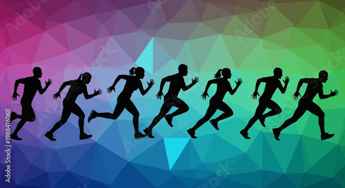 Silhouette Runners Racing Against Bright Polygon Backgrounds Demonstrating Dynamic Movement