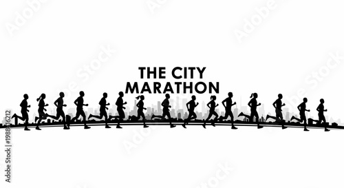 Silhouette Runners Racing in Urban Marathon Event with Cityscape Background Display