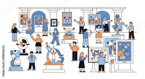 People admiring art exhibition in a modern museum gallery.