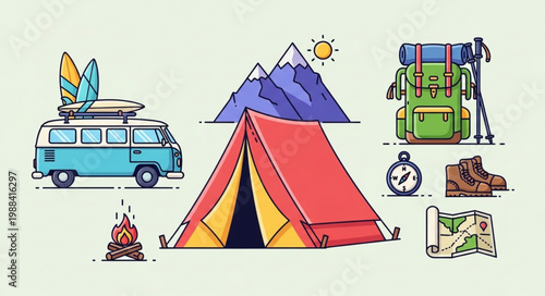 Camping and outdoor adventure equipment illustration.