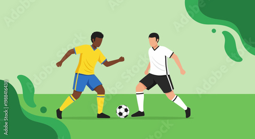 Soccer Players Competing for the Ball on a Green Field in a Dynamic Illustration