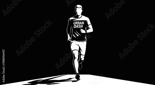 Silhouette Running Man Depicted With Urban Dash Logo in stark Black and White Artistic Render