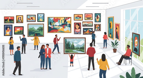 People admiring art in a modern art gallery exhibition.