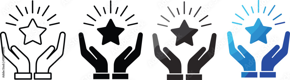 Fototapeta premium Set of Success and Achievement Icons Featuring Hands Holding a Shining Star with Light Rays for Motivation Inspiration and Goal Accomplishment Graphic Designs
