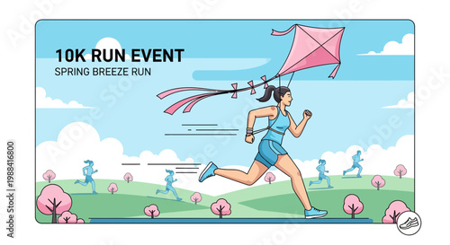 Spring Breeze Run Event: Active Woman Sprinting With Kite Against Serene Landscape and Sky