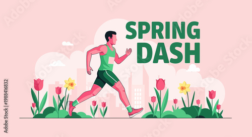 Spring Dash: Energetic Runner Sprinting Amidst Spring Flowers, Urban Landscape