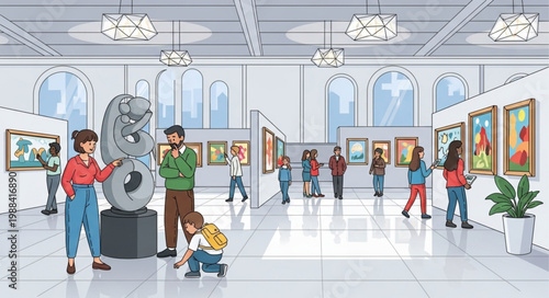 People admiring art in a modern art gallery exhibition.