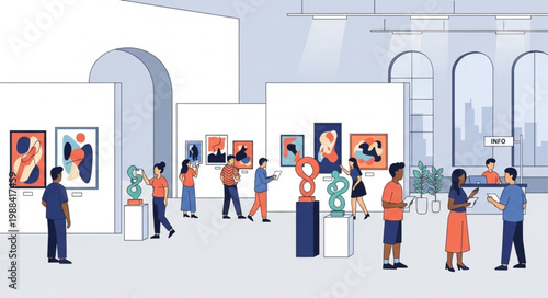 People admiring art in a modern museum gallery exhibition.