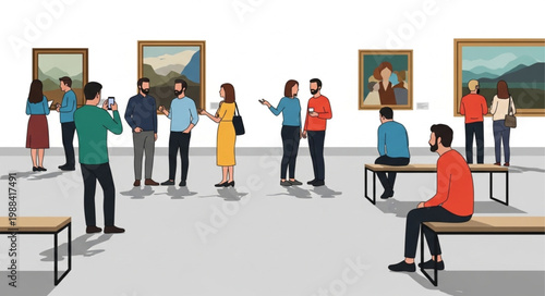 People admiring art in a modern museum gallery exhibition.