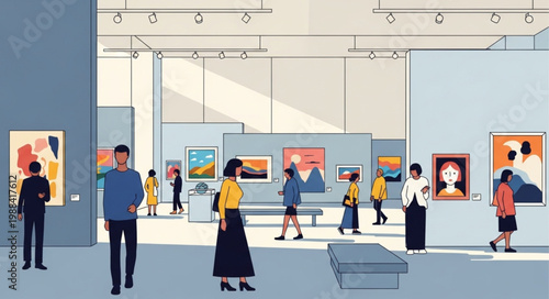 People admiring art in a modern museum gallery exhibition.