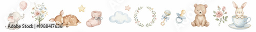 Cute baby animals and nursery elements in soft pastel style. Collection of Vector illustrations for invitation, card, poster, banner, decoration