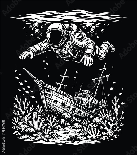 Surreal underwater scene with astronaut and sunken ship in engraving line art style, black and white vector illustration of ocean fantasy concept