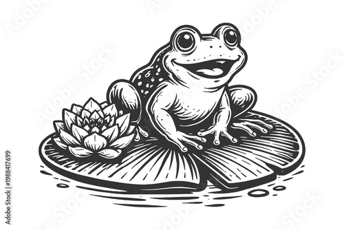 Retro woodcut style vector illustration of a cheerful frog sitting on a lily pad in a pond with a blooming flower for nature themed projects.
