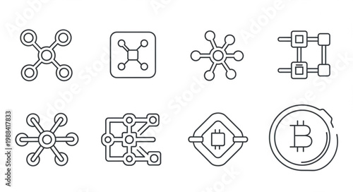 Set of Icons Representing Blockchain Technology and Cryptocurrency.