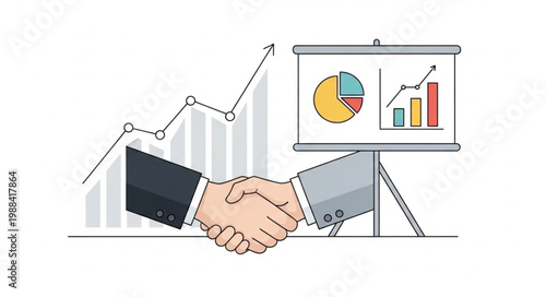 Business partners shaking hands with financial charts in background.