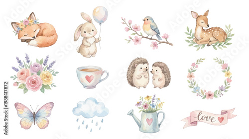 Romantic nursery set with animals, flowers and cozy decorative details. Collection of Vector illustrations for invitation, card, poster, banner, decoration