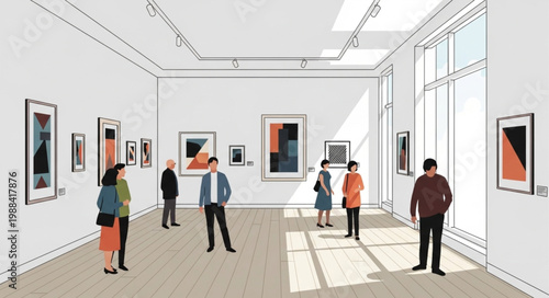 People admiring art in a modern museum gallery exhibition.