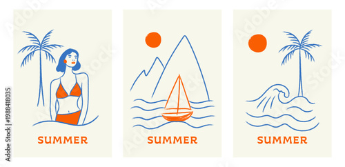 Summer beach doodle vector set in crayon, pencil style: a woman near a palm tree, a sailboat against mountain scenery, and a curling ocean wave with a palm, all in a playful hand-drawn look.