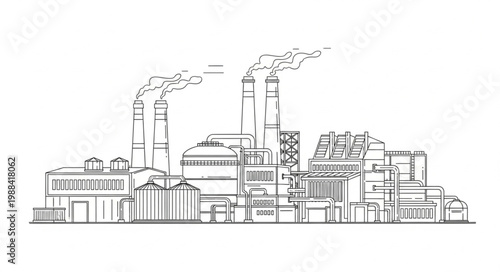Industrial Factory Building with Smoke Stacks.