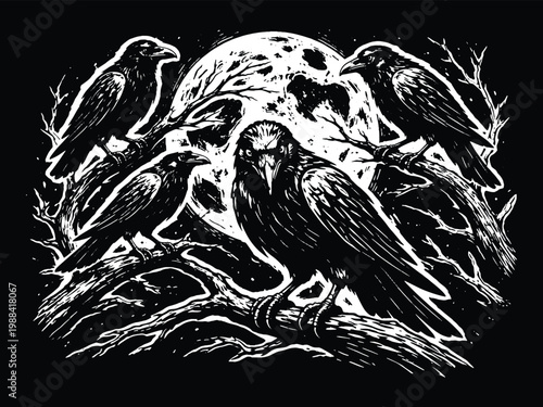 Raven birds on branches with full moon in vintage engraving line art style, black and white vector illustration of dark gothic wildlife composition