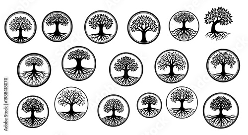 Tree Roots Circular Logo Collection Nature Eco Branding Vector Icon Template Set