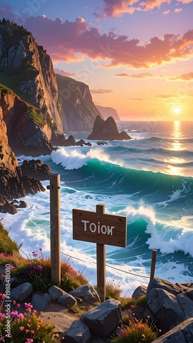 A serene coastal scene at sunset with a signpost and rocky shoreline