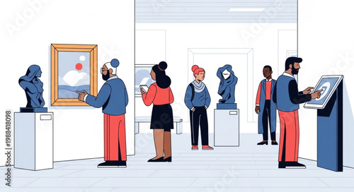 People admiring art sculptures and paintings in a modern museum gallery exhibition.