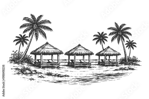 Tropical beach huts with palm trees in vintage engraving line art style, black and white vector illustration of island landscape and seaside scene
