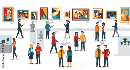 People admiring artwork in a modern art gallery exhibition.