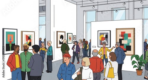 People admiring artwork in a modern art gallery exhibition.