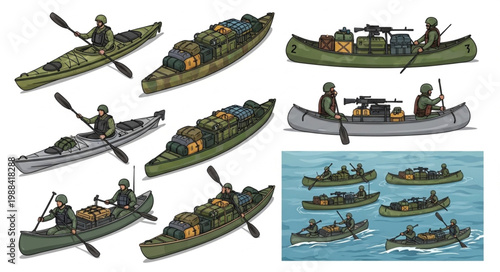 Military Kayaks and Canoes with Soldiers and Supplies.