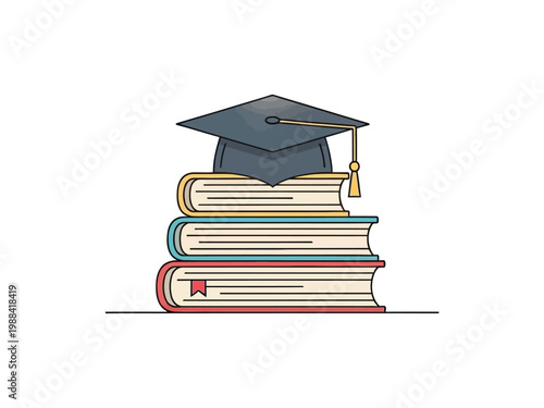 Graduation cap on three books symbolizing academic achievement and education.