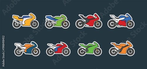 Cartoon chibi style Sport bike stickers set. Collections of racing motorcycle logo icon sign simple flat vector illustration