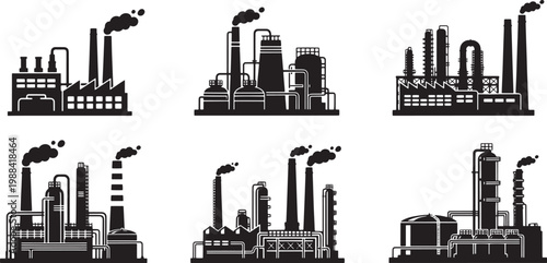 Set of Industrial Factory and Power Plant Silhouettes
