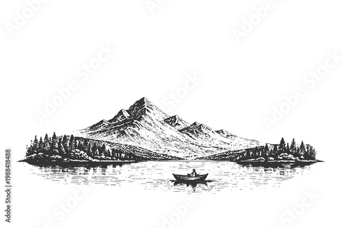 Serene lake mountain landscape with small boat in vintage line art style, black and white vector illustration of calm water and alpine scenery