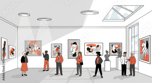 People admiring artwork in a modern art gallery exhibition.