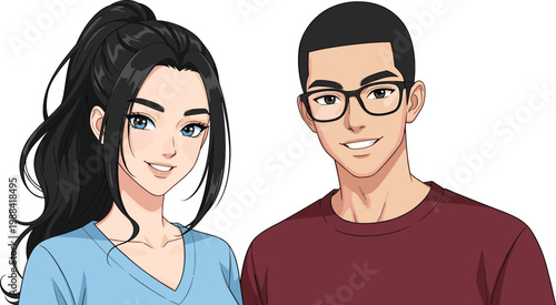 Young Couple Portrait Illustration with Smiling Man and Woman Characters Modern Casual Style People Avatar Design for Social Media Profiles and Digital Use
