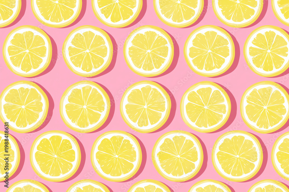 Obraz premium yellow lemon slices patterned, pastel colors, pink background