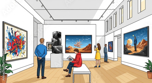 People admiring artwork in a modern art gallery exhibition.