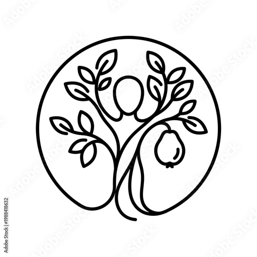 Abstract line art of a human figure intertwined with a tree bearing fruit, symbolizing growth and nature's bounty
