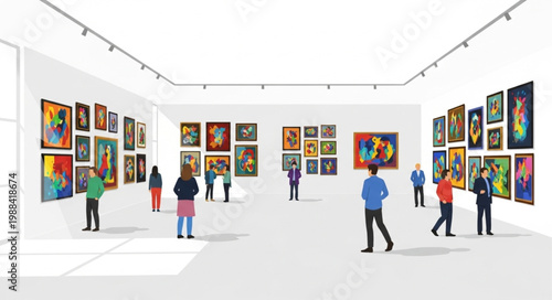 People admiring artwork in a modern art gallery exhibition.