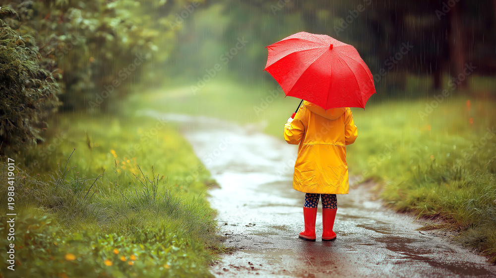 Obraz premium Child in yellow raincoat holding red umbrella on rainy path in green countryside