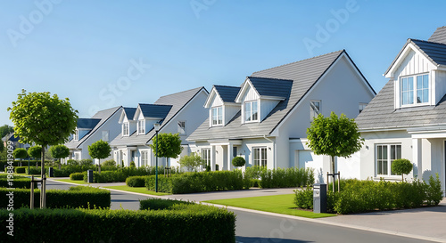 A row of white houses with gray roofs and well-manicured lawns and hedges