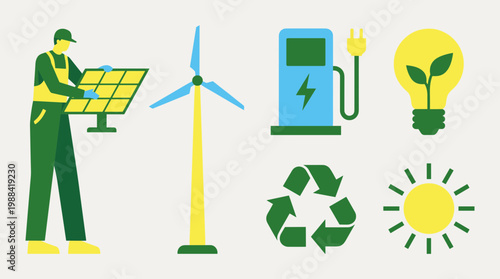 Renewable energy concept with solar panel worker wind turbine electric car charger light bulb recycle symbol and sun illustration
