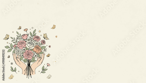 hands gently holding a bouquet of pastel pink and cream roses surrounded by fluttering butterflies. Set against a minimalist off-white background with ample copy space, this artwork is perfect for wed