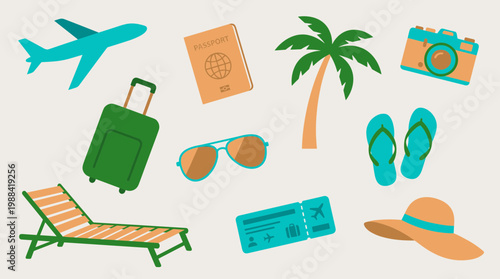 Collection of travel essentials including a passport airplane sunglasses suitcase camera flip-flops and a sun hat on a light background symbolizing vacation and adventure