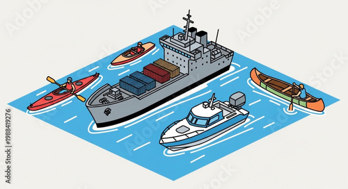 Various watercraft including a cargo ship and kayaks on the water.