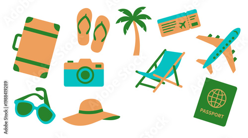 Collection of travel essentials and vacation icons including suitcase camera passport airplane ticket sunglasses flip flops beach chair and palm tree for summer holiday concept