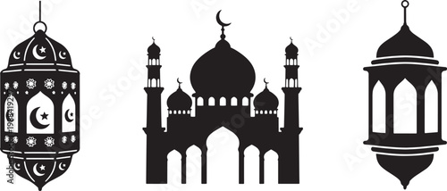 Set of Islamic Mosque and Lantern Silhouettes for Ramadan and Eid
